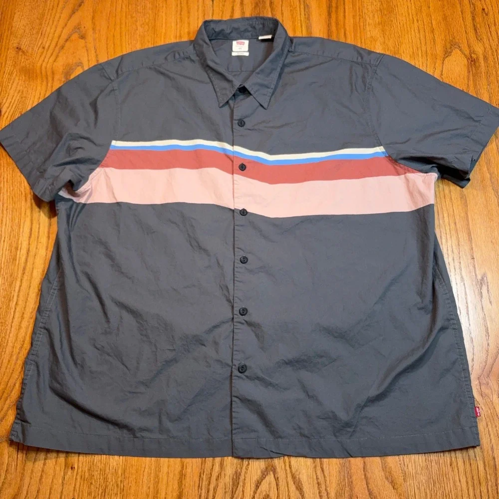 Levi's Shirt Mens XXL Grey Button Up Relaxed Short Sleeve Striped Cotton Retro